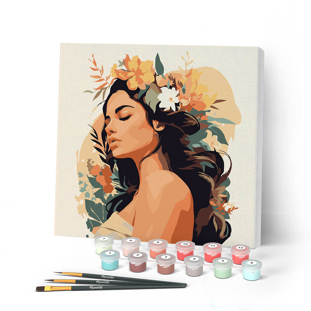 Mini Peinture Par Numéros 20X20Cm Avec Cadre Femme Au Bandeau Floral