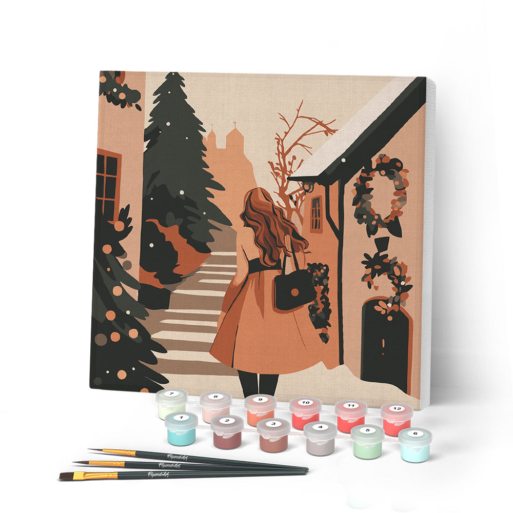 Mini Peinture Par Numéros 20X20Cm Avec Cadre Femme Dans Un Village Festif