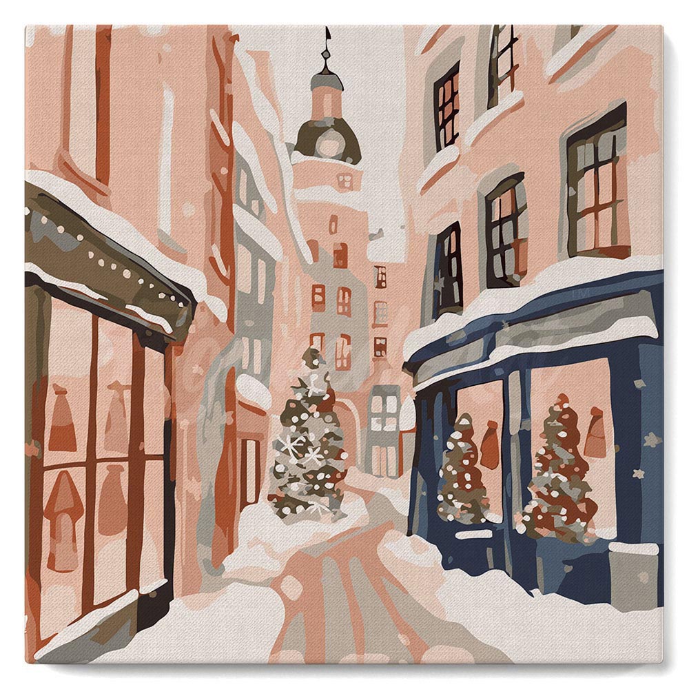 Mini pintura por números 20x20 cm con marco Callejón de Navidad nevado