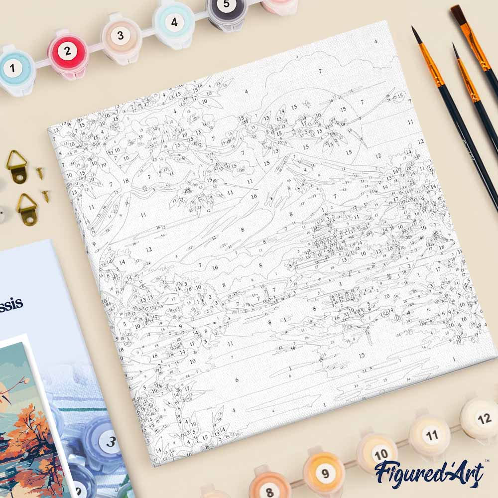 Mini Peinture Par Numéros 20X20Cm Avec Cadre Lac Et Mont Fuji