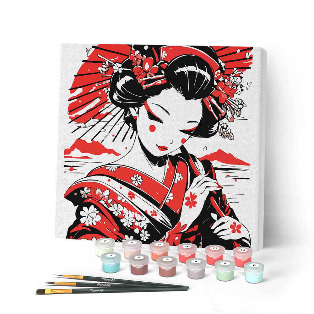 Mini Peinture Par Numéros 20X20Cm Avec Cadre Geisha Rouge Et Noire