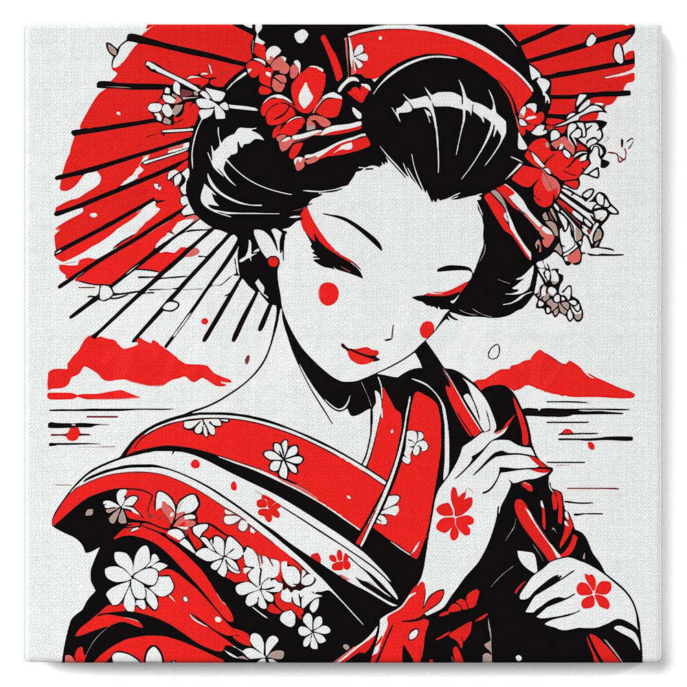 Mini Peinture Par Numéros 20X20Cm Avec Cadre Geisha Rouge Et Noire