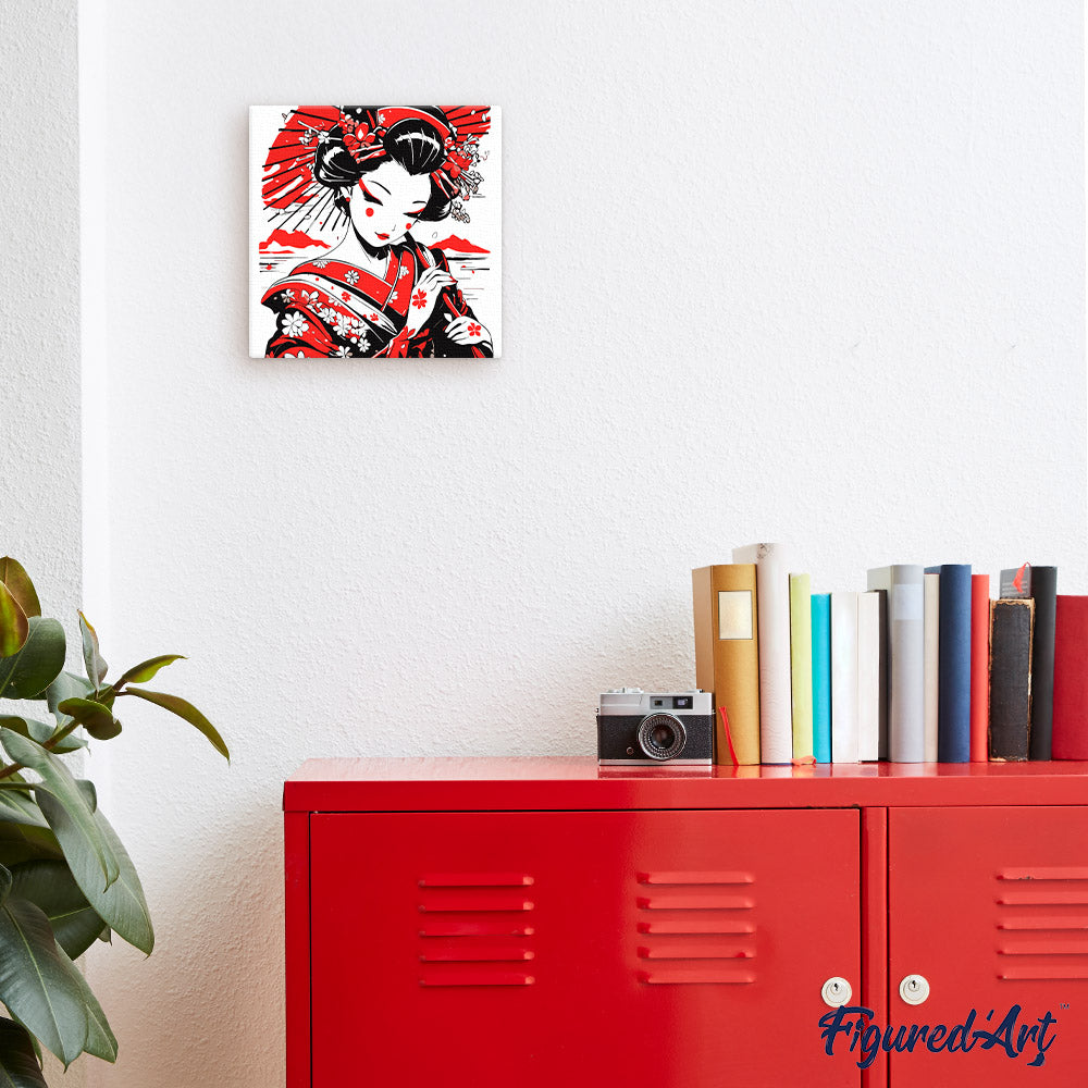 Mini Peinture Par Numéros 20X20Cm Avec Cadre Geisha Rouge Et Noire