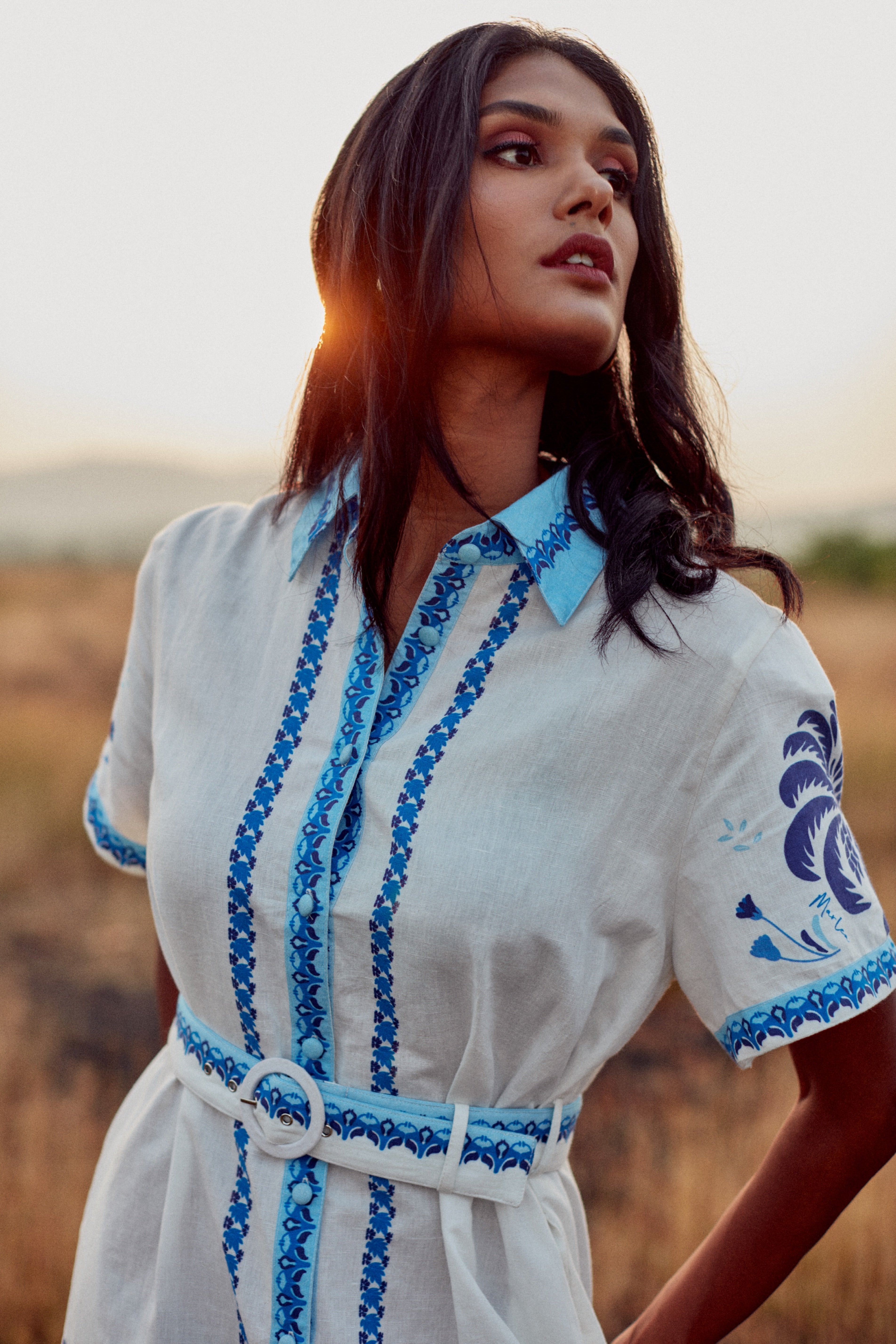 Alina Dress - Blue Palm Tree