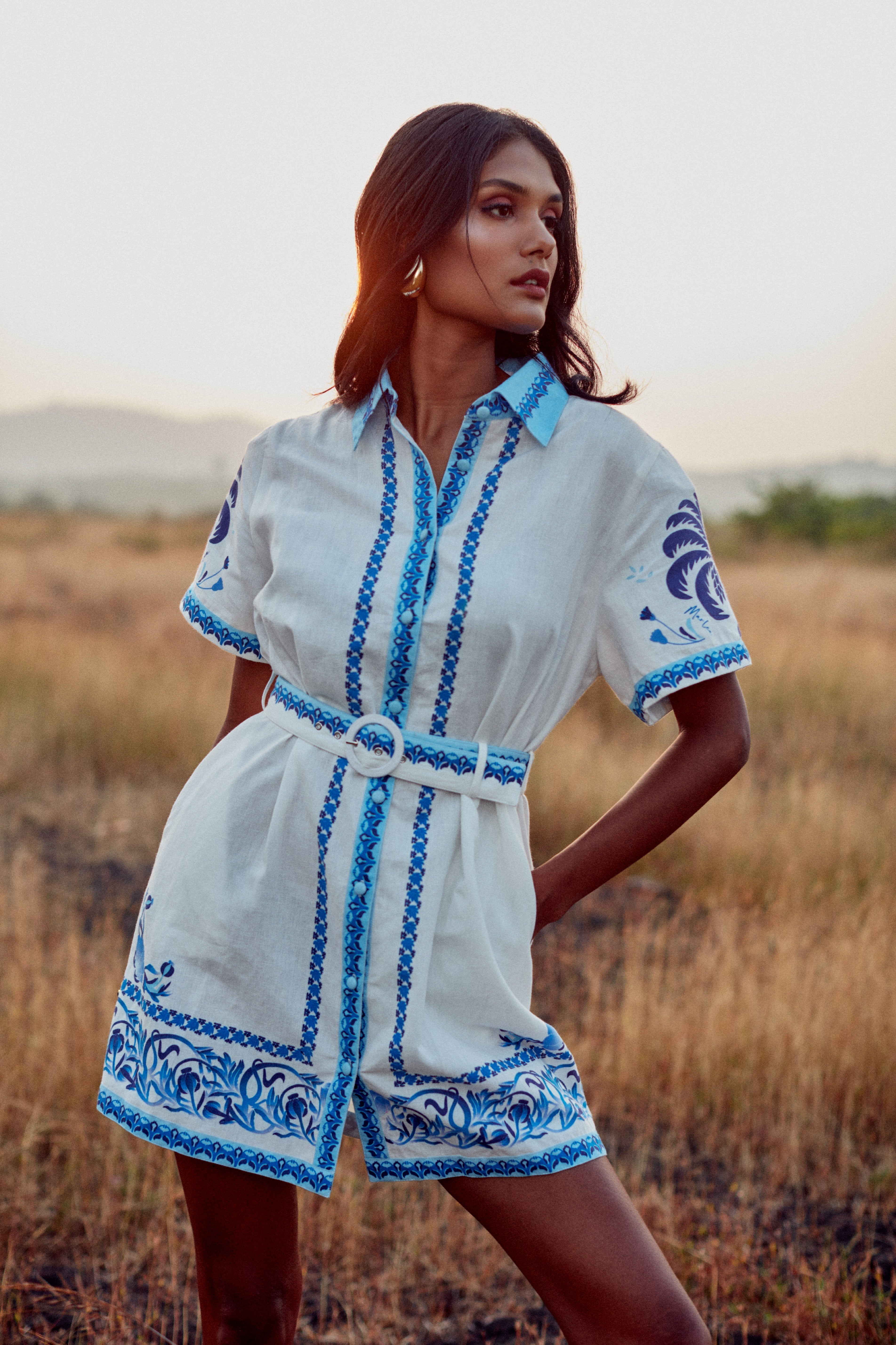 Alina Dress - Blue Palm Tree