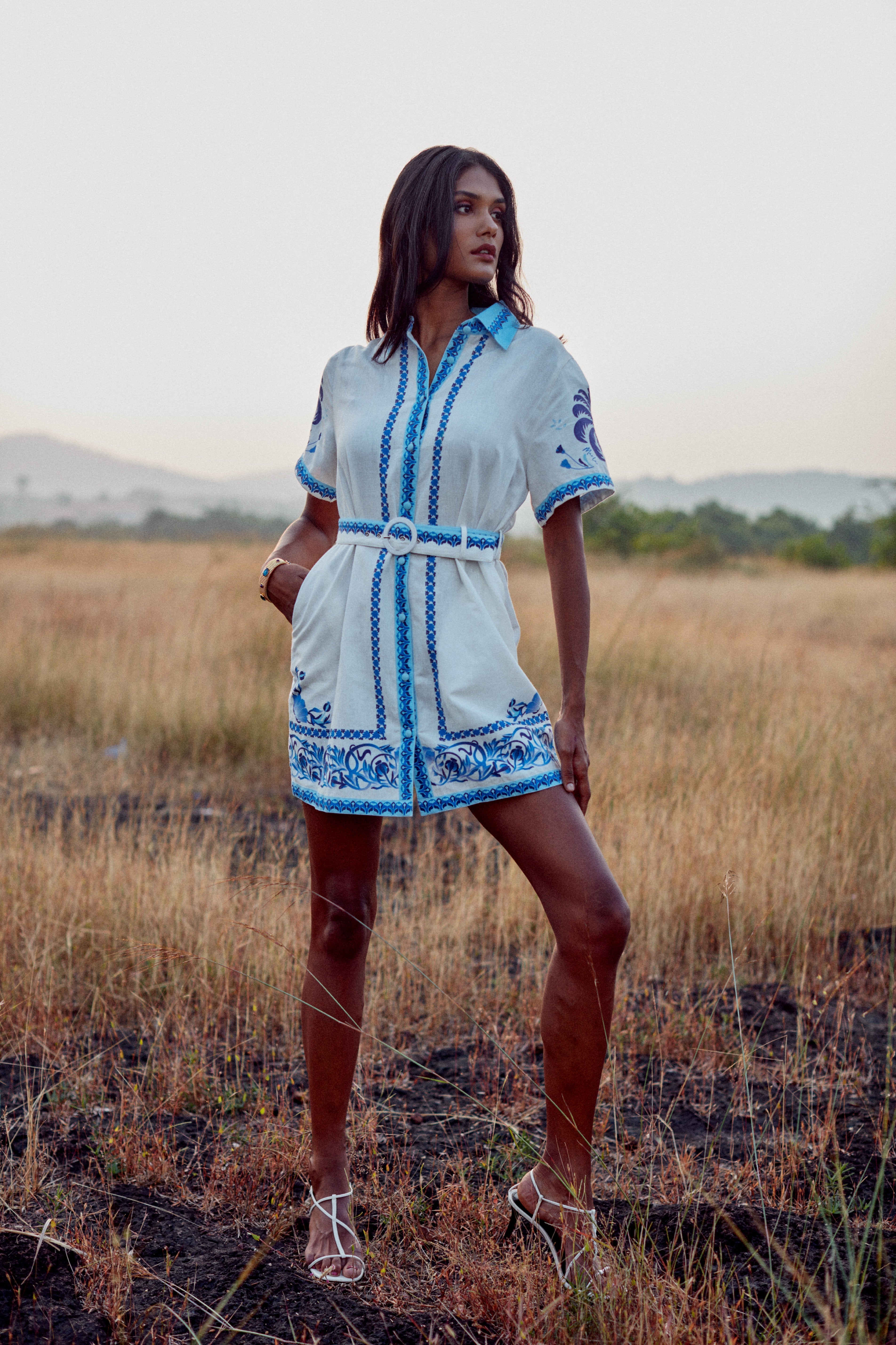 Alina Dress - Blue Palm Tree