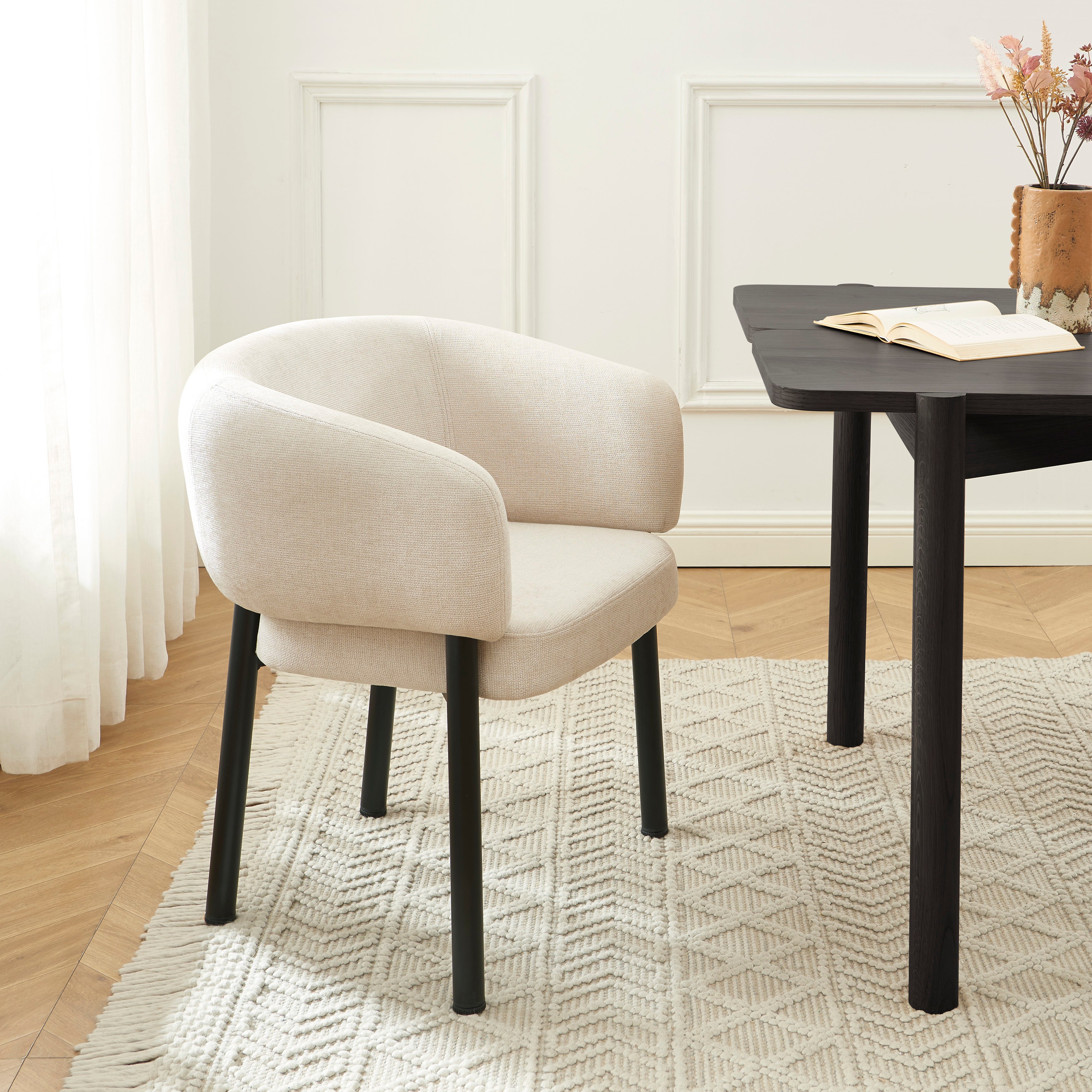 Abelia - Chairs - Woven Velvet - Beige And Black Metal Legs