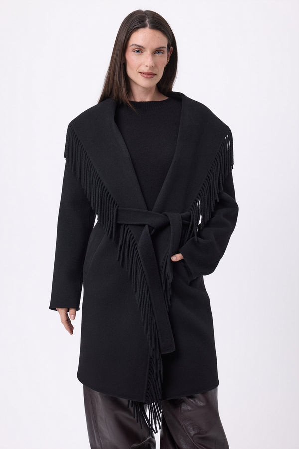 Manteau À Franges Sienna - Noir - Femme - Cachemire Et Laine