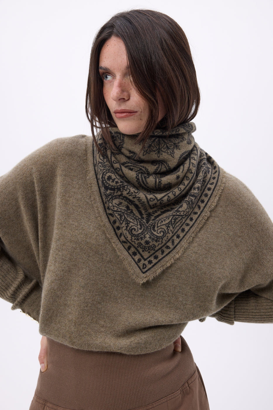 Lille bandana Ski - Meleret khaki - Dame - 100 % kashmir