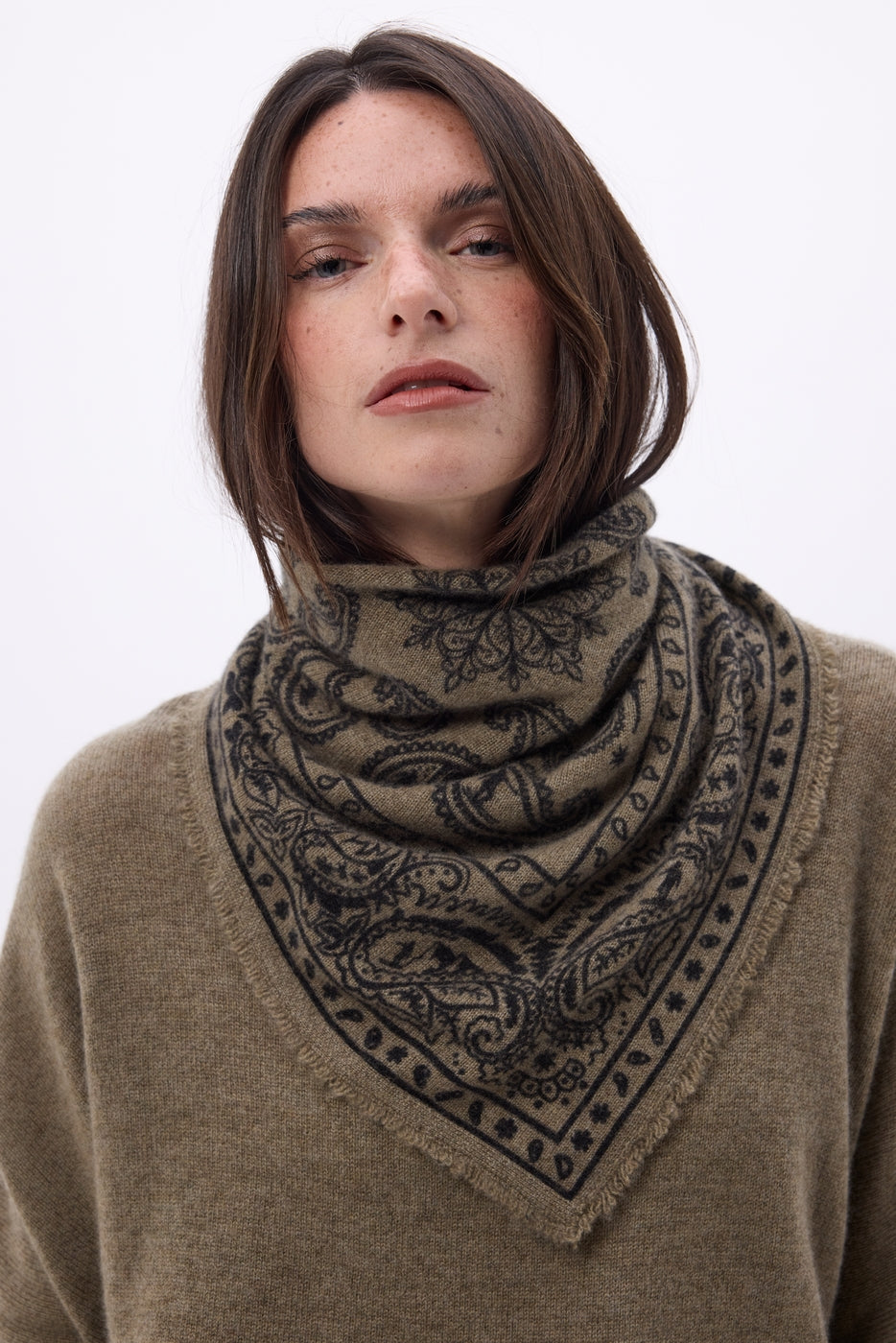 Lille bandana Ski - Meleret khaki - Dame - 100 % kashmir