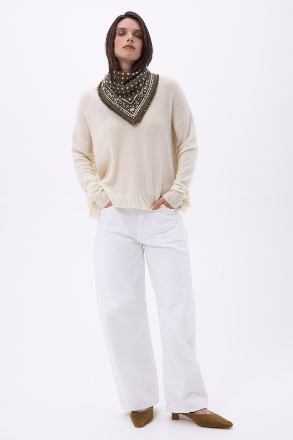 Petit Bandana Dotty - Khaki Chine - Femme - 100% Cachemire