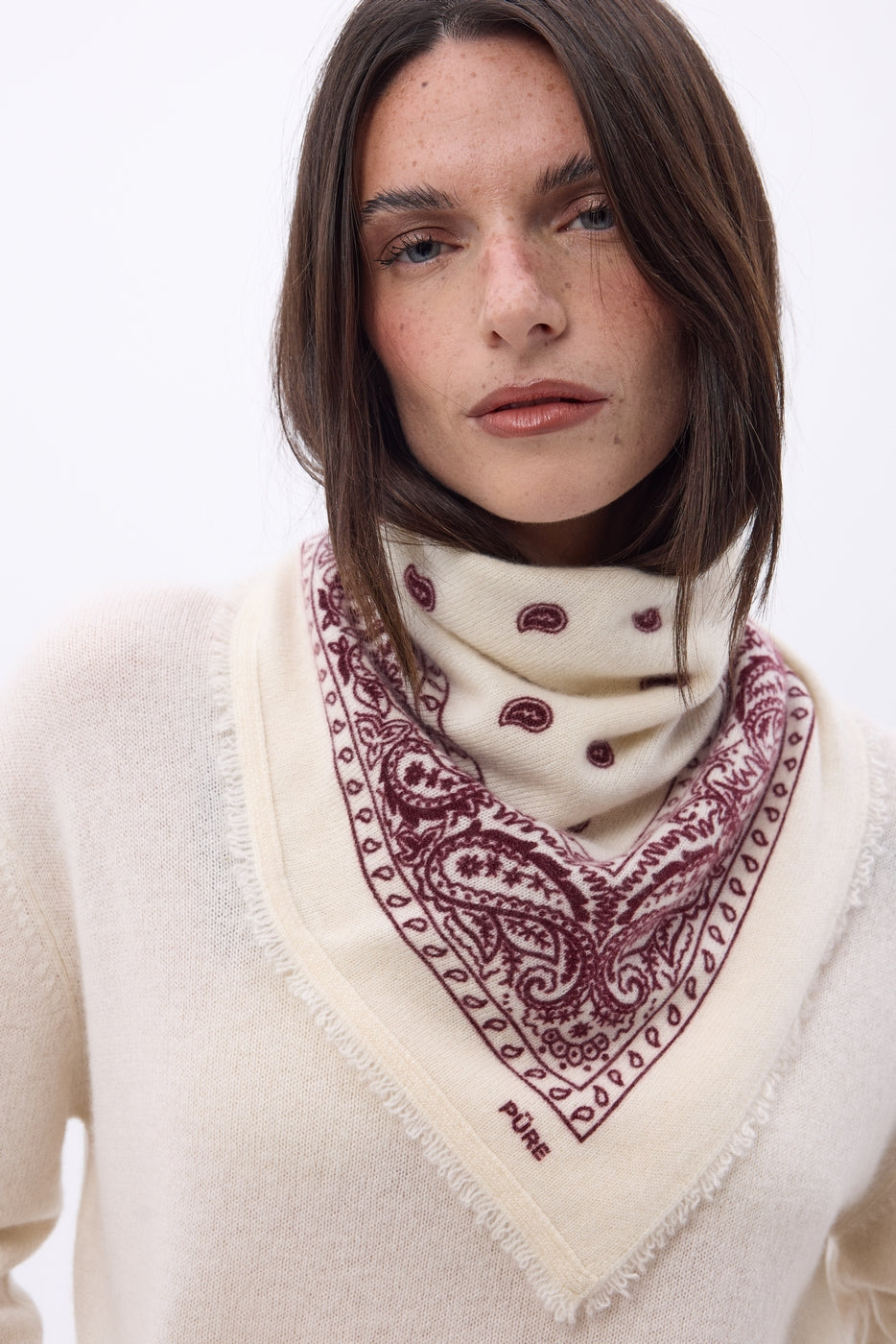 Petit Bandana Presley - Blanc Burgundy - Femme - 100% Cachemire