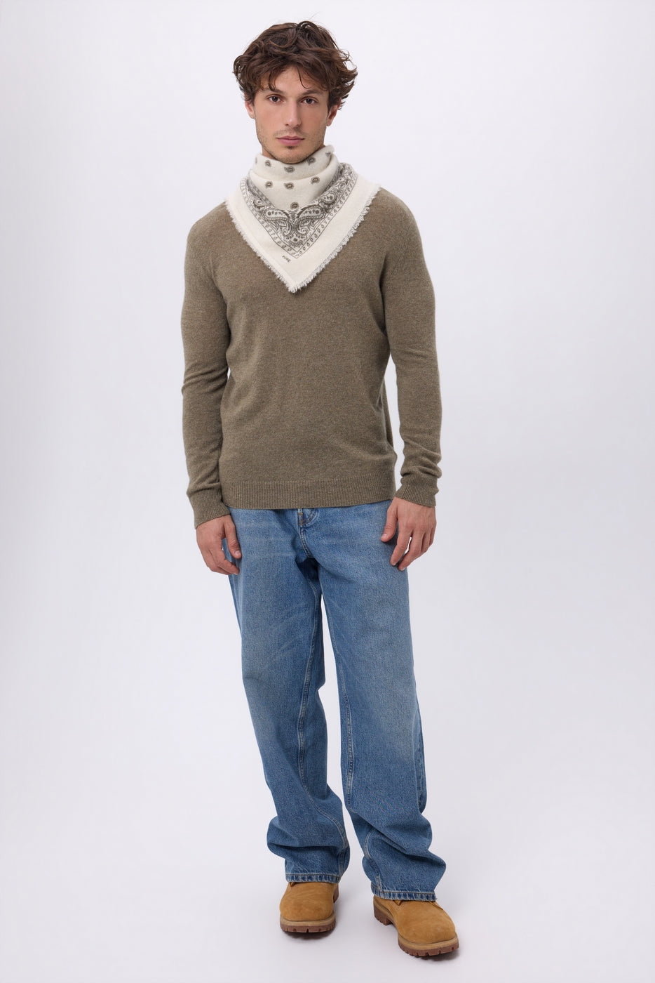 Petit Bandana Presley - Blanc Khaki Chine - Homme - 100% Cachemire