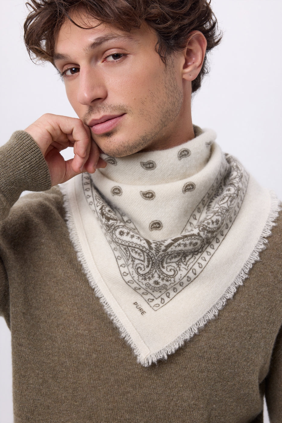Petit Bandana Presley - Blanc Khaki Chine - Homme - 100% Cachemire