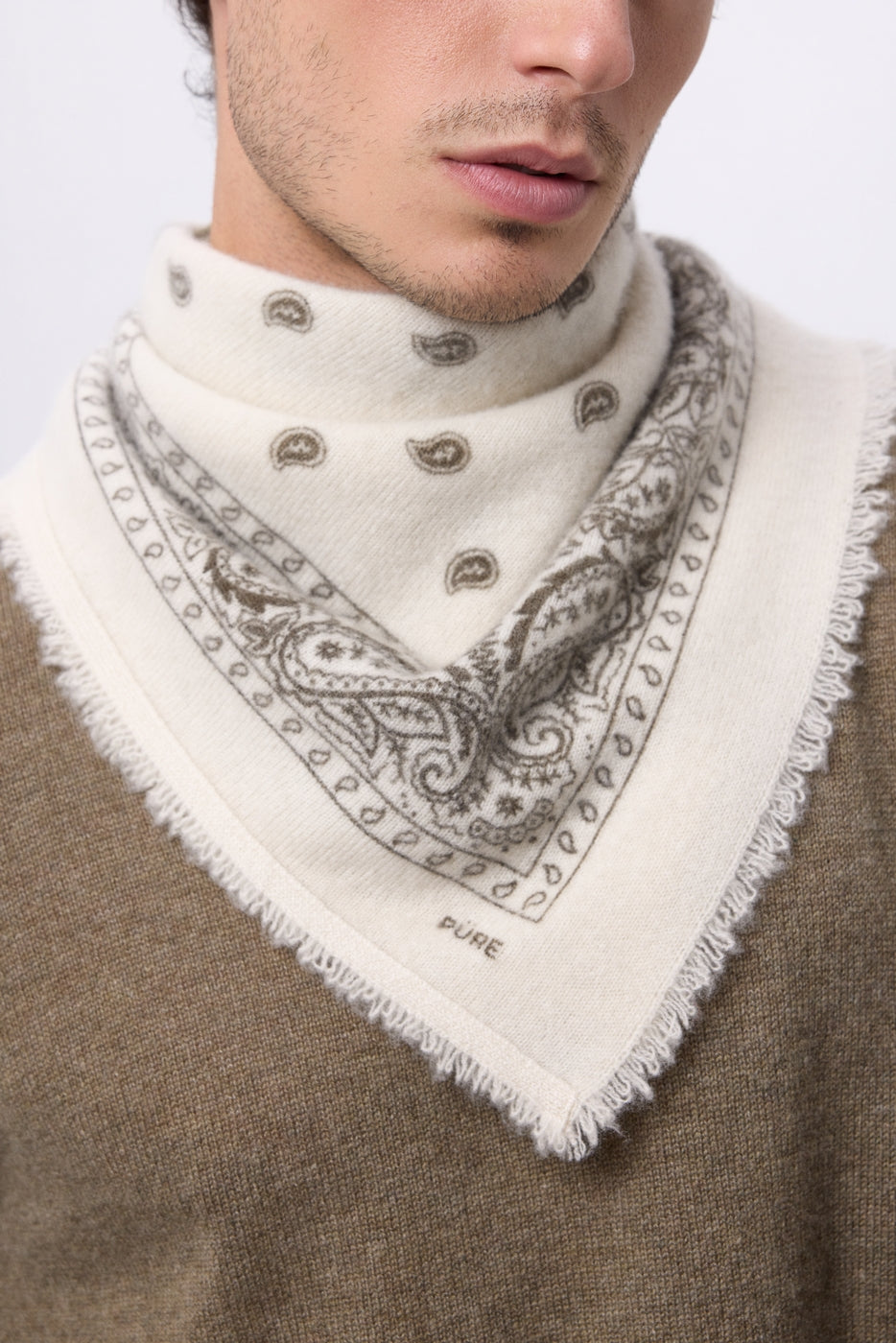 Petit Bandana Presley - Blanc Khaki Chine - Homme - 100% Cachemire