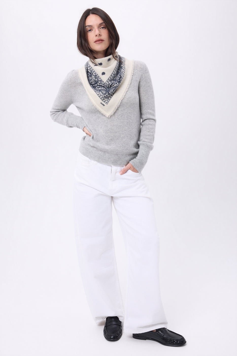 Petit Bandana Presley - Blanc Bleu Marine - Femme - 100% Cachemire