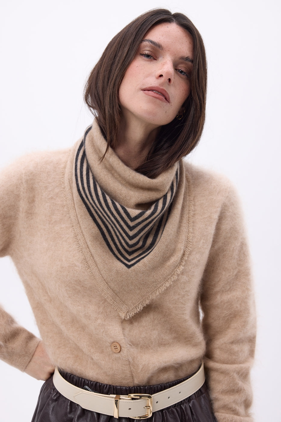 Small Square Stripes Bandana - Cream Beige - Women