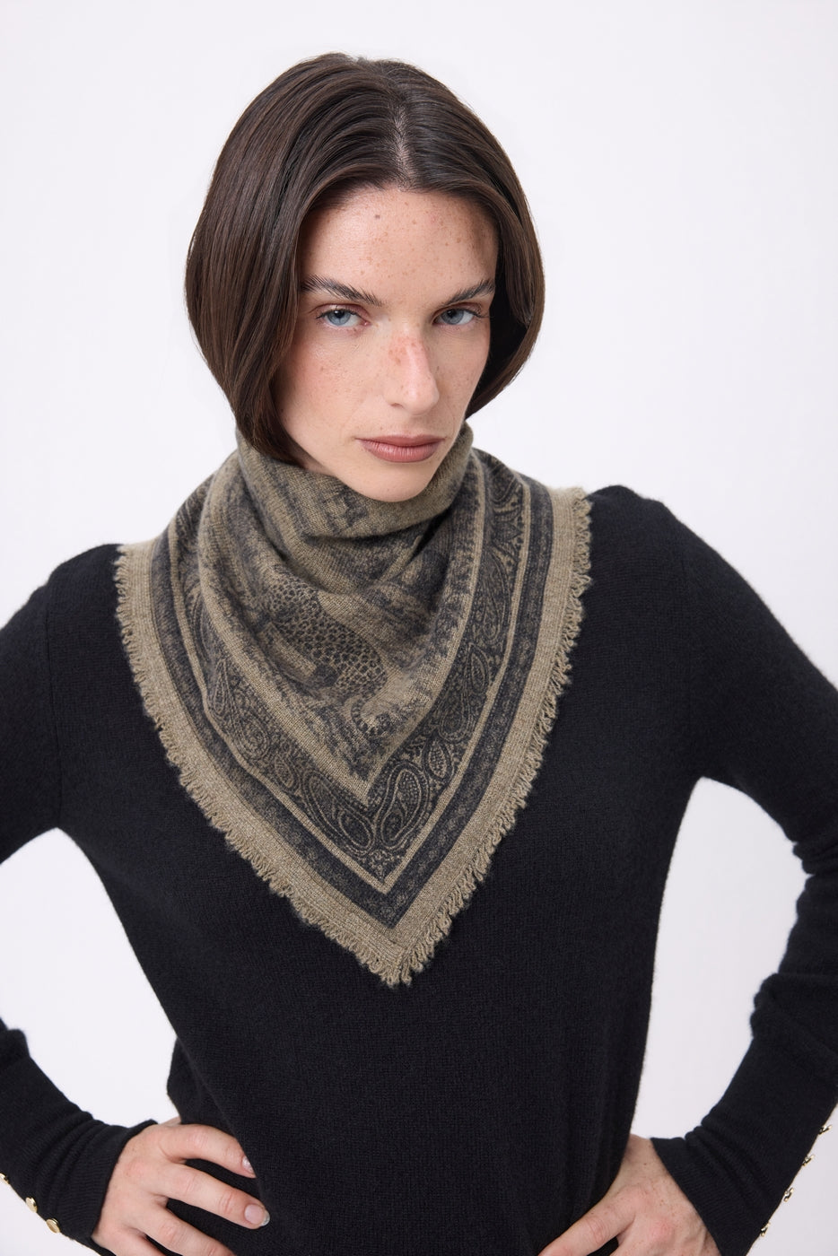 Small Toile De Jouy Bandana - Marl Khaki - Women