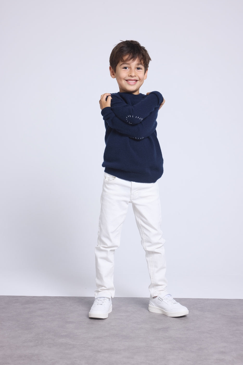 Solal Embroidered Elbow Heart Crew Neck Jumper - Navy Blue White - Children