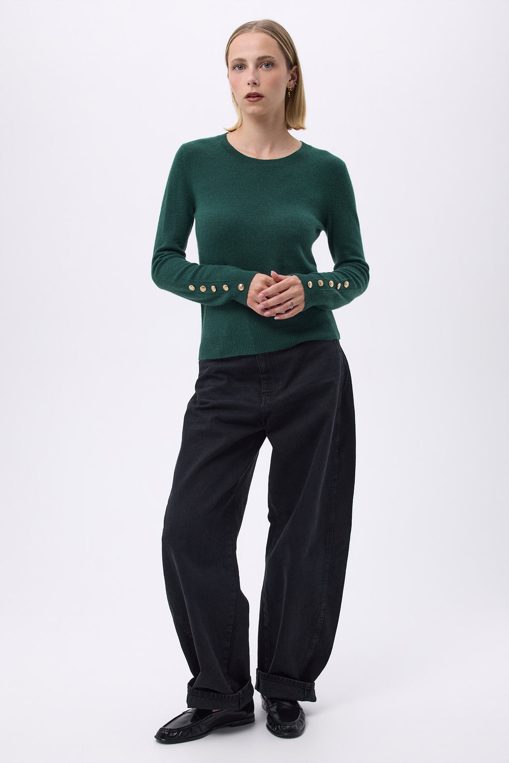 Maglione a Girocollo con Bottoni Dorati Maniche a Palloncino F Sol - Verde Bottiglia - Donna