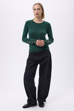 Maglione a Girocollo con Bottoni Dorati Maniche a Palloncino F Sol - Verde Bottiglia - Donna