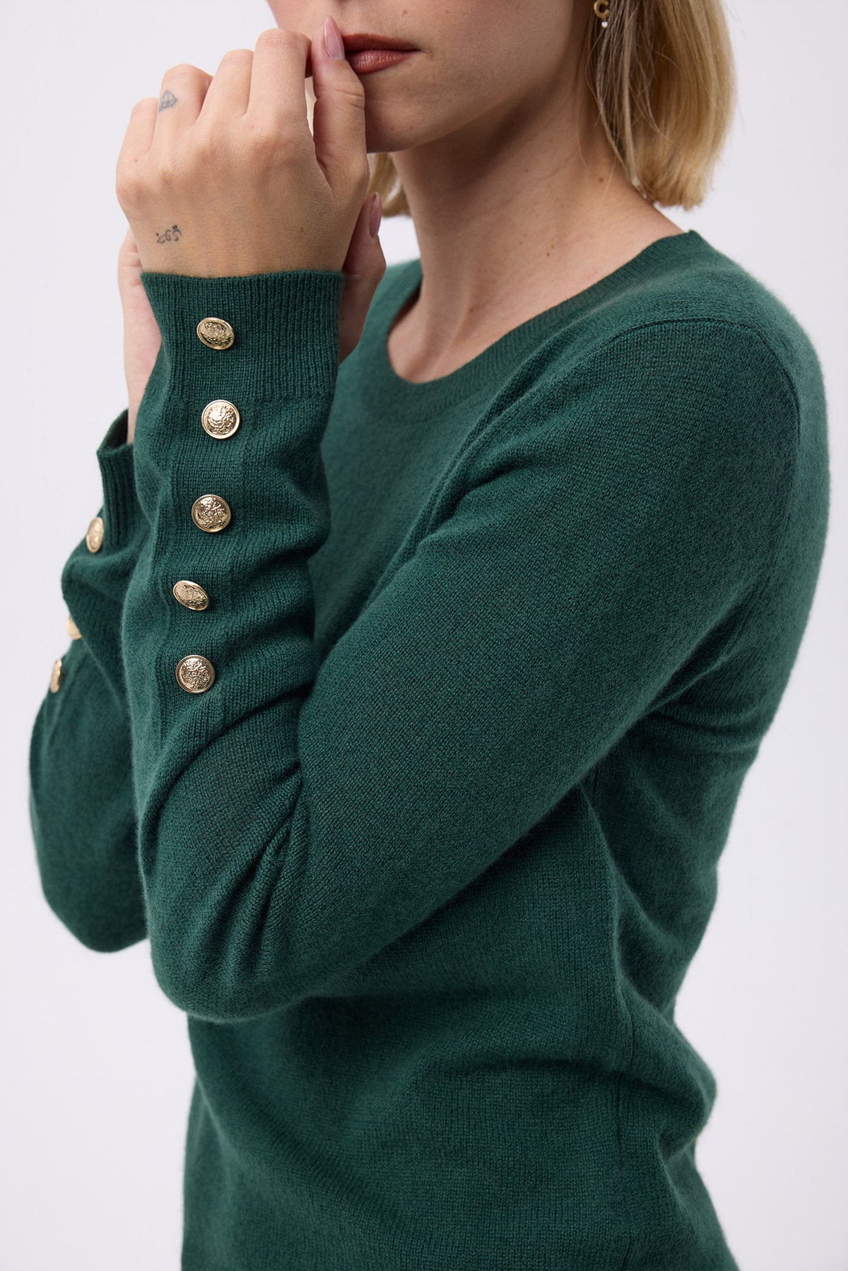 Maglione a Girocollo con Bottoni Dorati Maniche a Palloncino F Sol - Verde Bottiglia - Donna