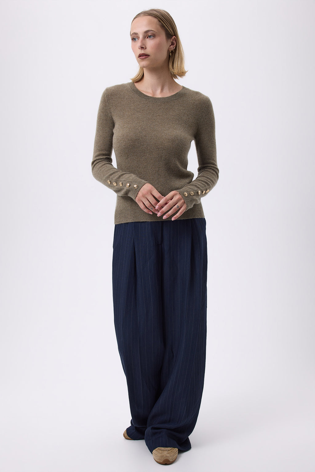 Sol Balloon Sleeve Crew-Neck Jumper with Gold Buttons - Khaki Green - Women