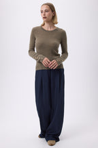 Sol Balloon Sleeve Crew-Neck Jumper with Gold Buttons - Khaki Green - Women