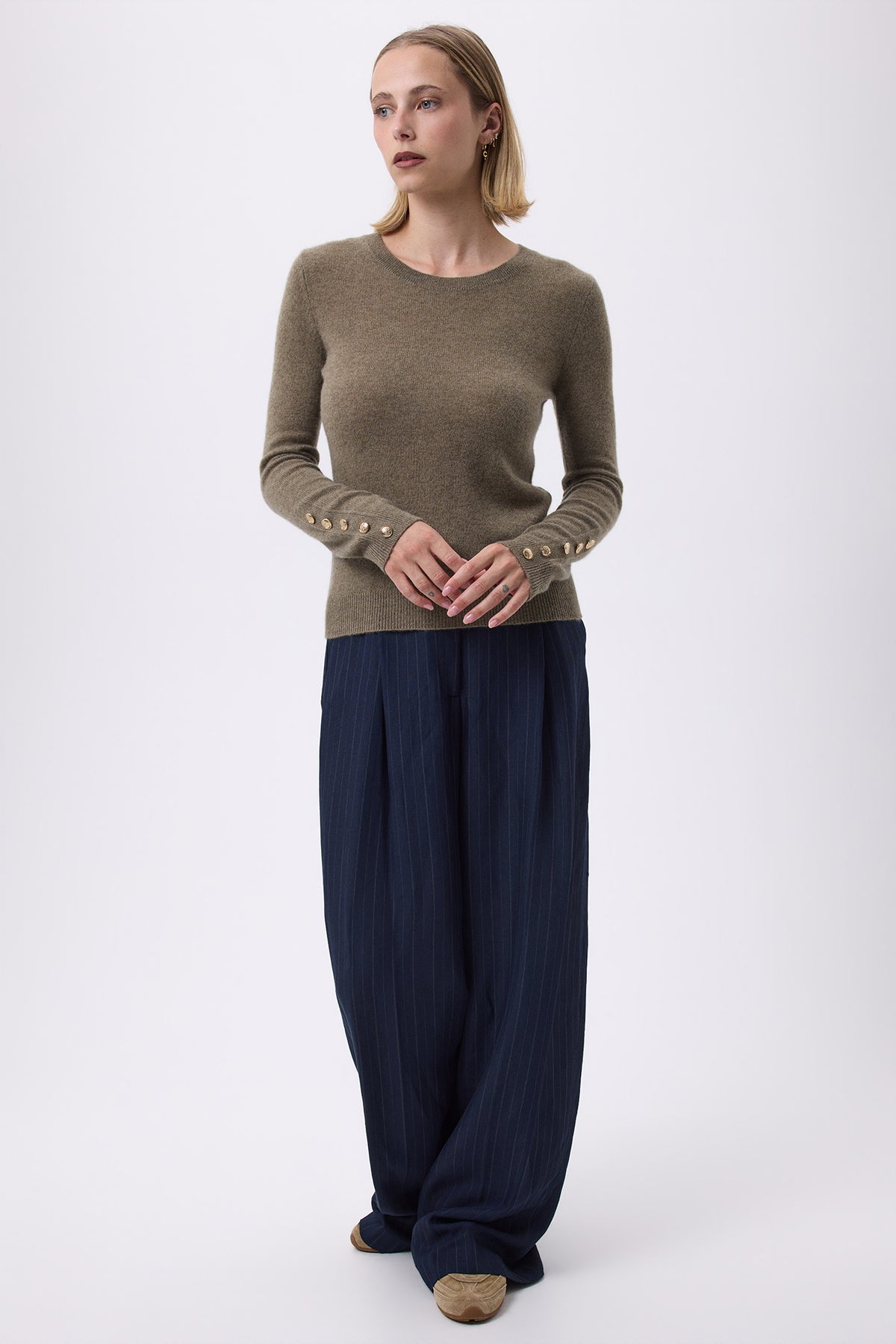 Sol Balloon Sleeve Crew-Neck Jumper with Gold Buttons - Khaki Green - Women