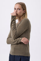 Sol Balloon Sleeve Crew-Neck Jumper with Gold Buttons - Khaki Green - Women