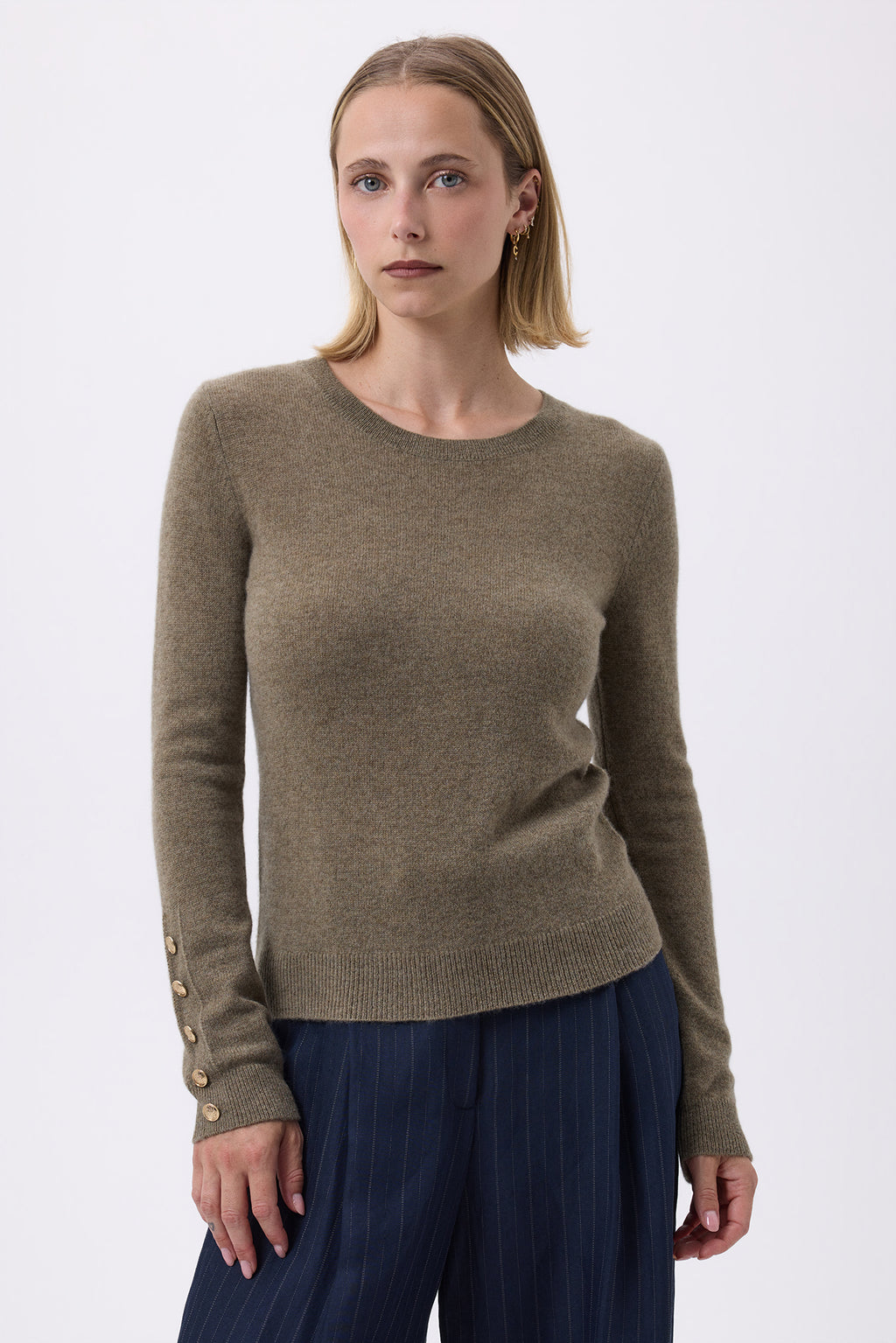 Sol Balloon Sleeve Crew-Neck Jumper with Gold Buttons - Khaki Green - Women