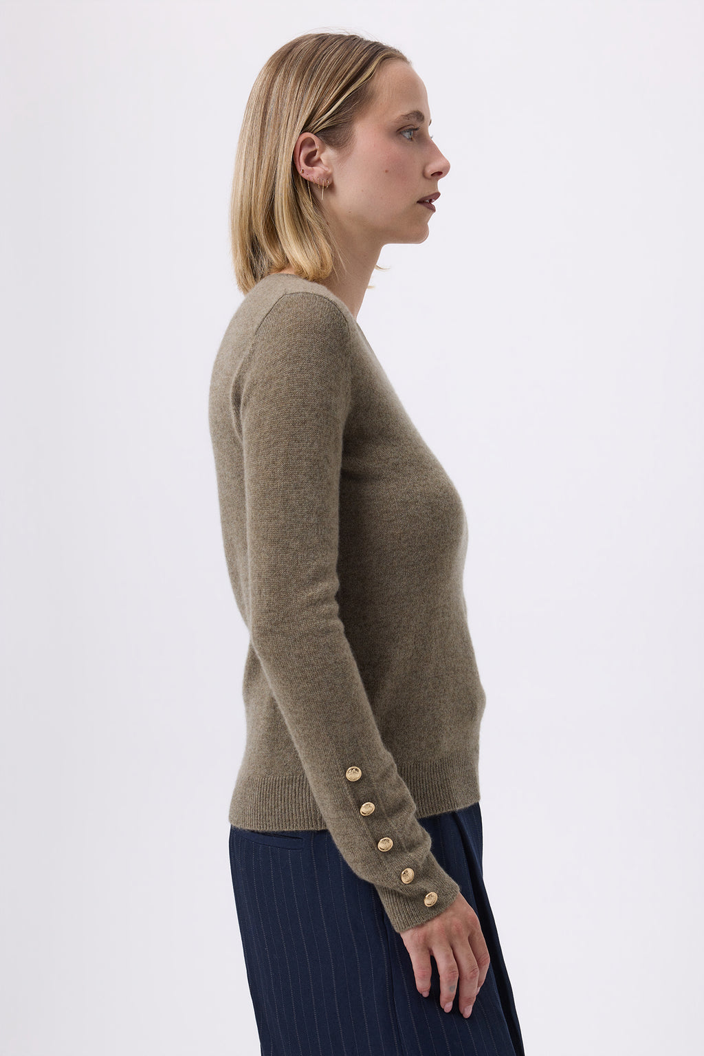 Sol Balloon Sleeve Crew-Neck Jumper with Gold Buttons - Khaki Green - Women