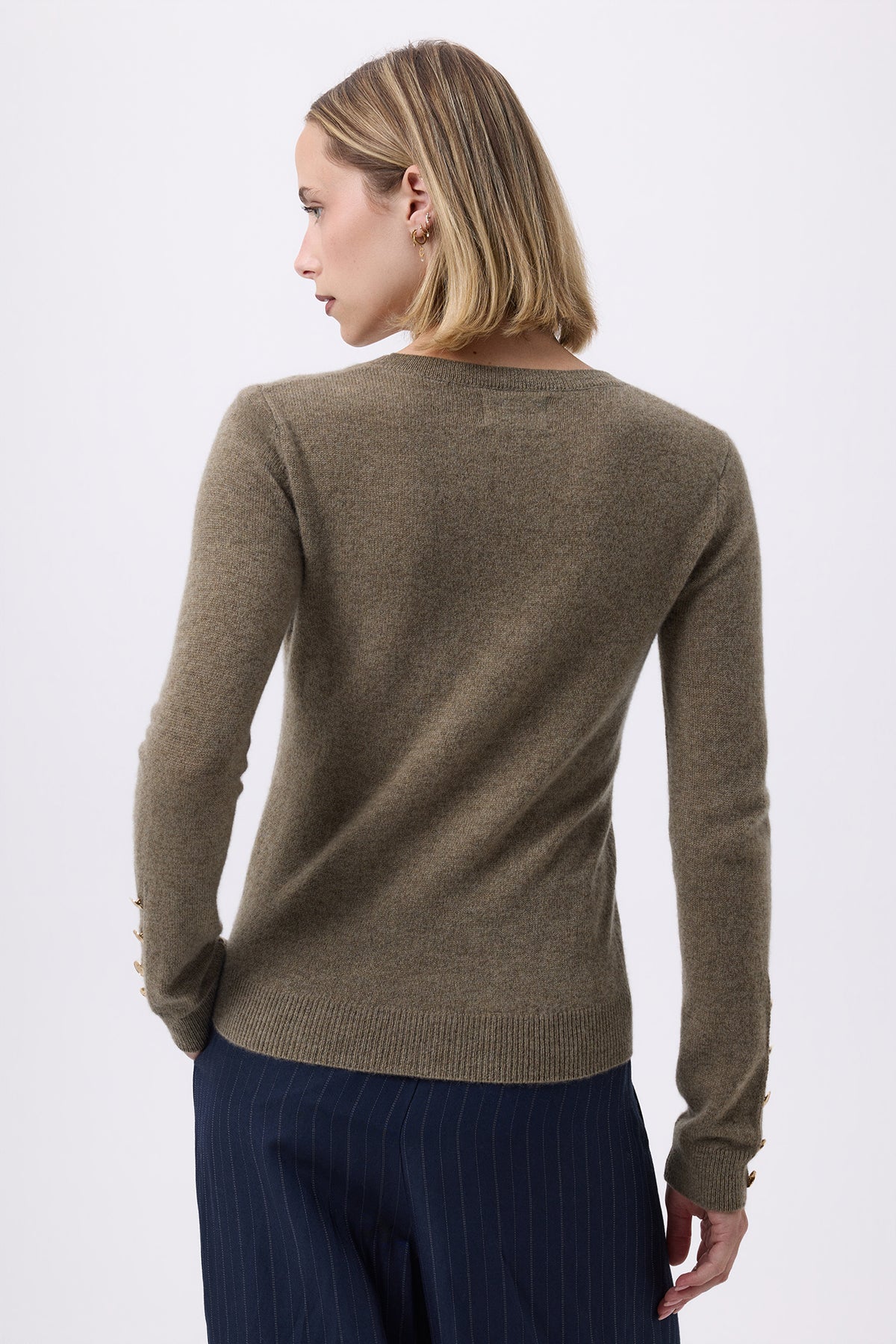 Sol Balloon Sleeve Crew-Neck Jumper with Gold Buttons - Khaki Green - Women