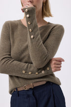 Sol Balloon Sleeve Crew-Neck Jumper with Gold Buttons - Khaki Green - Women