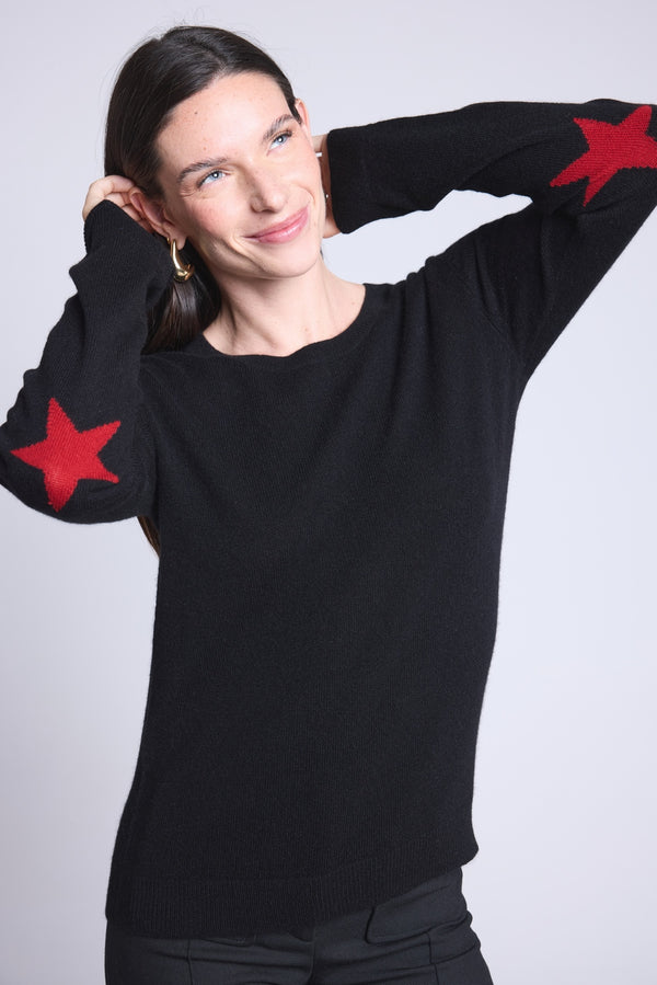 Maglione girocollo stelle sui gomiti Sonia - Nero rosso - Unisex - 100% cashmere