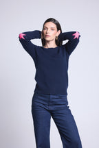 Pull Col Rond Etoiles Coudes Sonia - Bleu Marine Rose Fluo - Mixte - 100% Cachemire