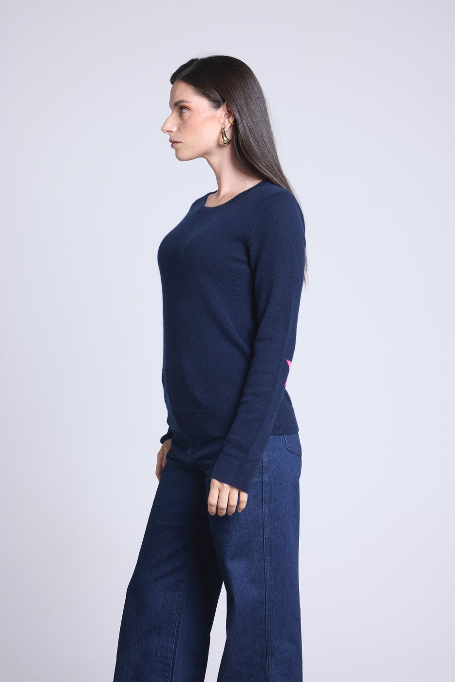 Pull Col Rond Etoiles Coudes Sonia - Bleu Marine Rose Fluo - Mixte - 100% Cachemire