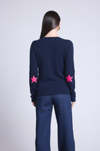 Pull Col Rond Etoiles Coudes Sonia - Bleu Marine Rose Fluo - Mixte - 100% Cachemire