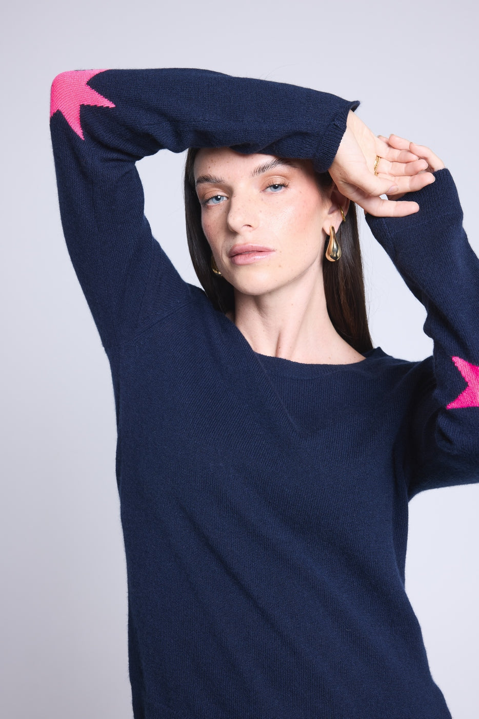 Pull Col Rond Etoiles Coudes Sonia - Bleu Marine Rose Fluo - Mixte - 100% Cachemire