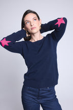 Pull Col Rond Etoiles Coudes Sonia - Bleu Marine Rose Fluo - Mixte - 100% Cachemire
