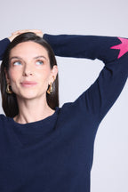Pull Col Rond Etoiles Coudes Sonia - Bleu Marine Rose Fluo - Mixte - 100% Cachemire