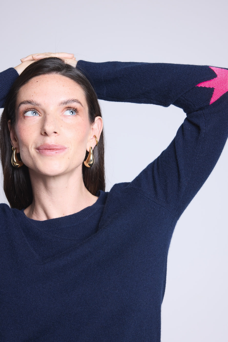 Pull Col Rond Etoiles Coudes Sonia - Bleu Marine Rose Fluo - Mixte - 100% Cachemire