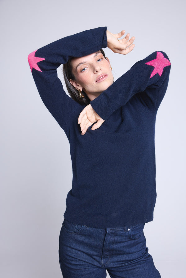 Pull Col Rond Etoiles Coudes Sonia - Bleu Marine Rose Fluo - Mixte - 100% Cachemire