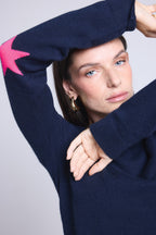 Pull Col Rond Etoiles Coudes Sonia - Bleu Marine Rose Fluo - Mixte - 100% Cachemire