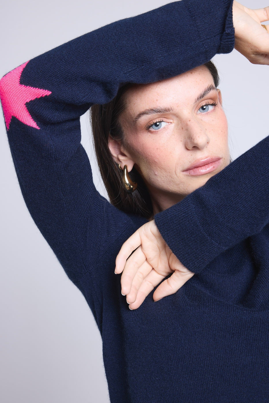 Pull Col Rond Etoiles Coudes Sonia - Bleu Marine Rose Fluo - Mixte - 100% Cachemire