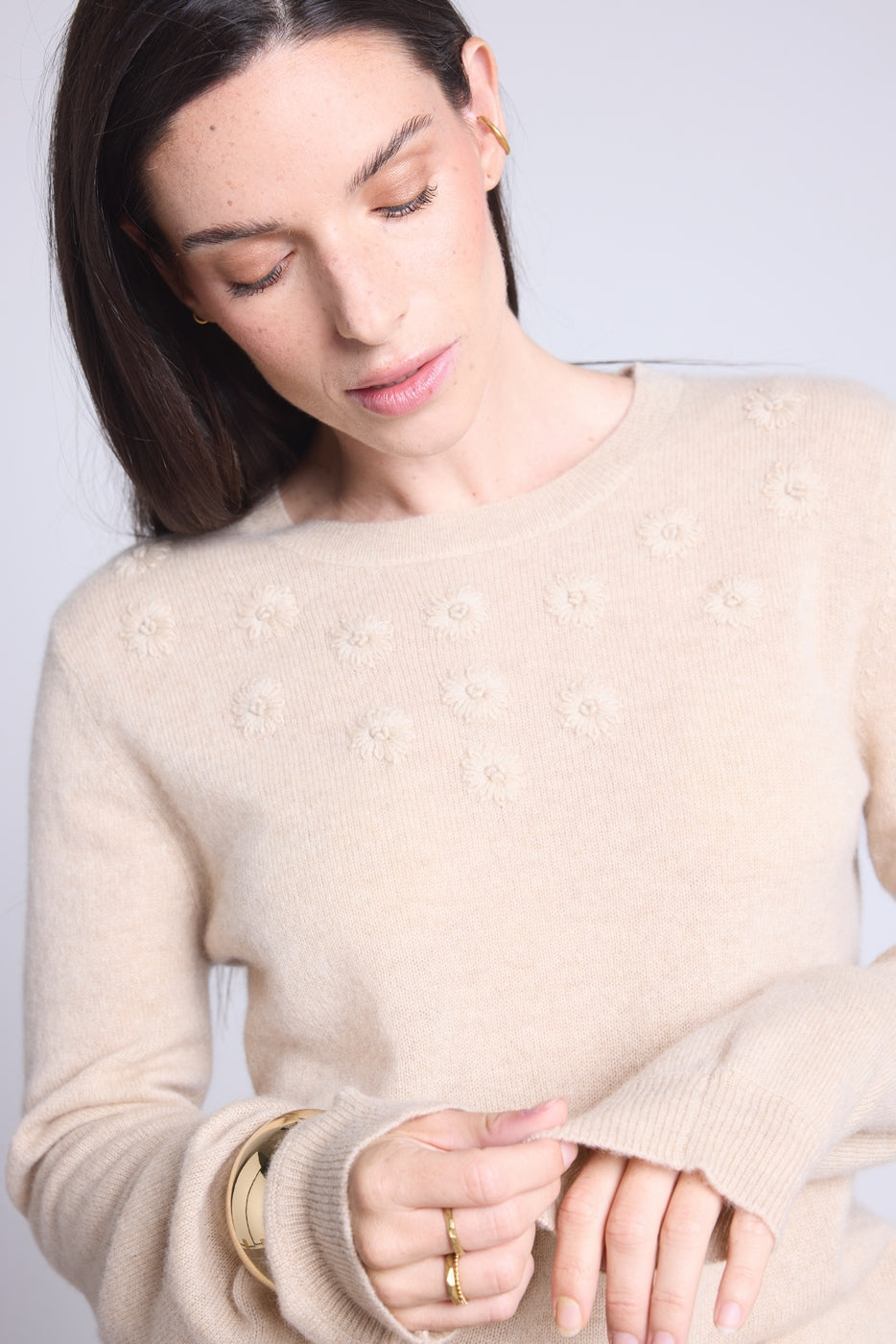 Maglione Girocollo Fiori Ricamati Stefania - Beige Crema - Donna - 100% Cachemire