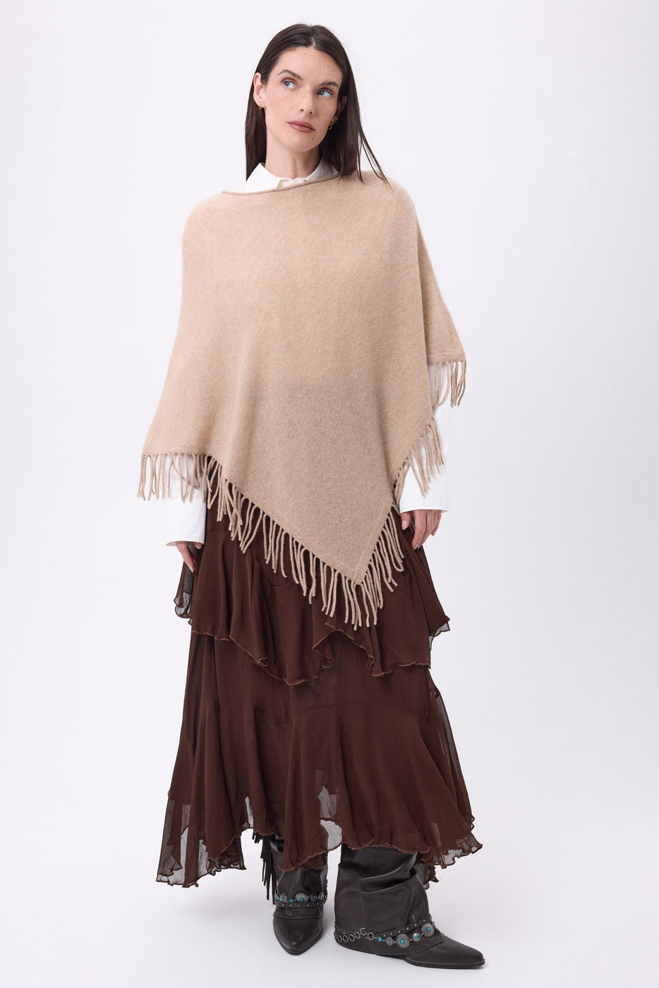 Stepp Fringed Poncho - Cream Beige - Women