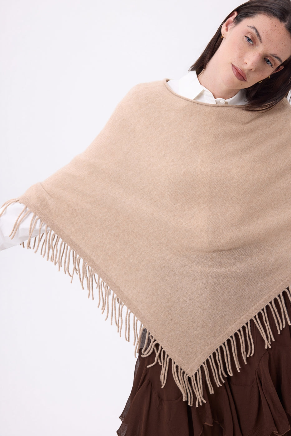 Stepp Fringed Poncho - Cream Beige - Women