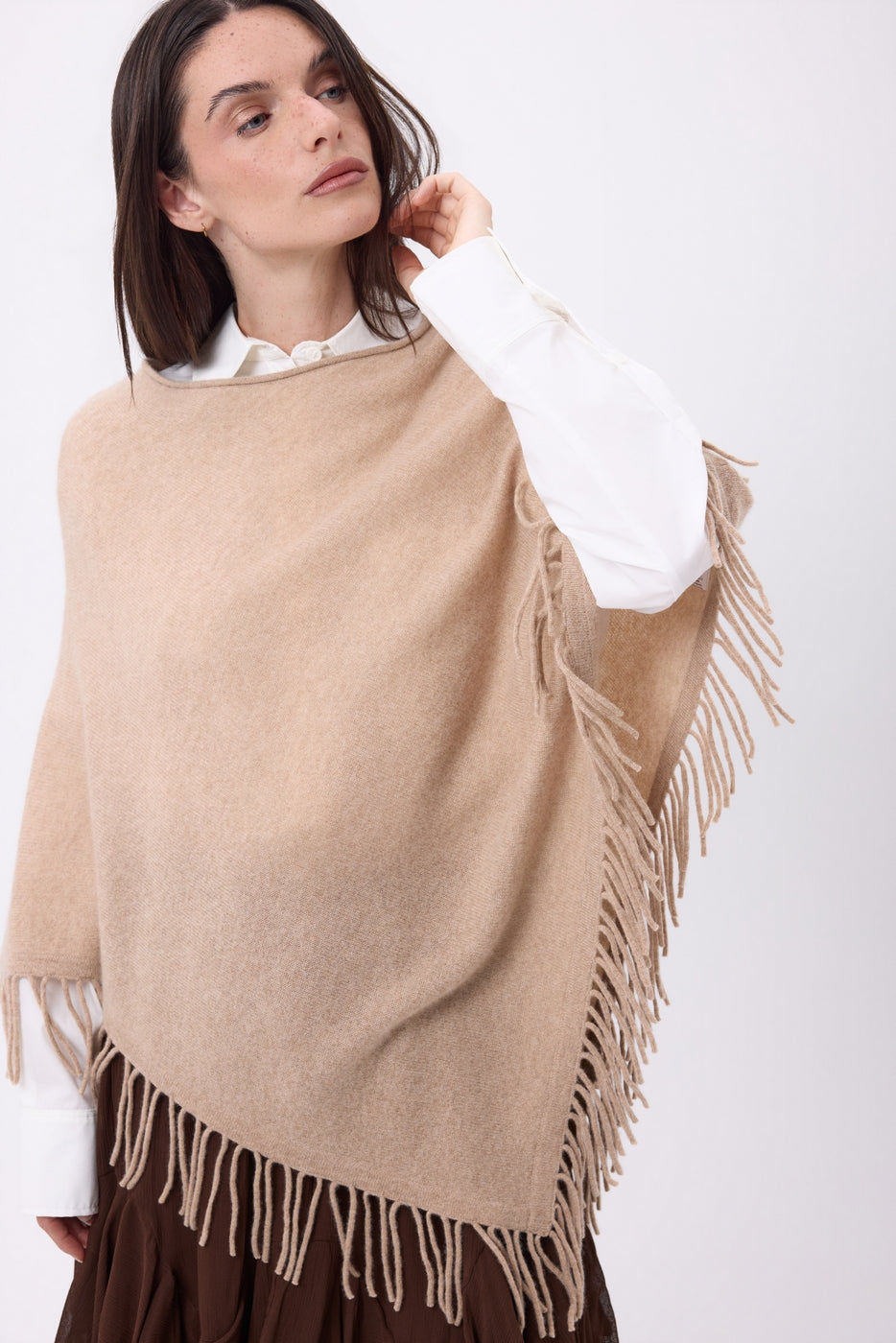 Stepp Fringed Poncho - Cream Beige - Women