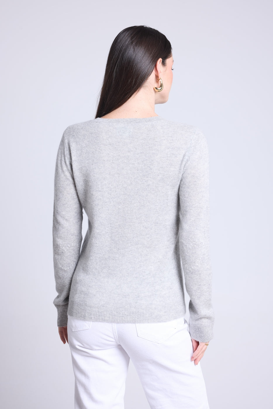 Rundhalset sweater med påsyede hjerter på albuerne Stitch - Lysegrå Hvid - Dame - 100% kashmir